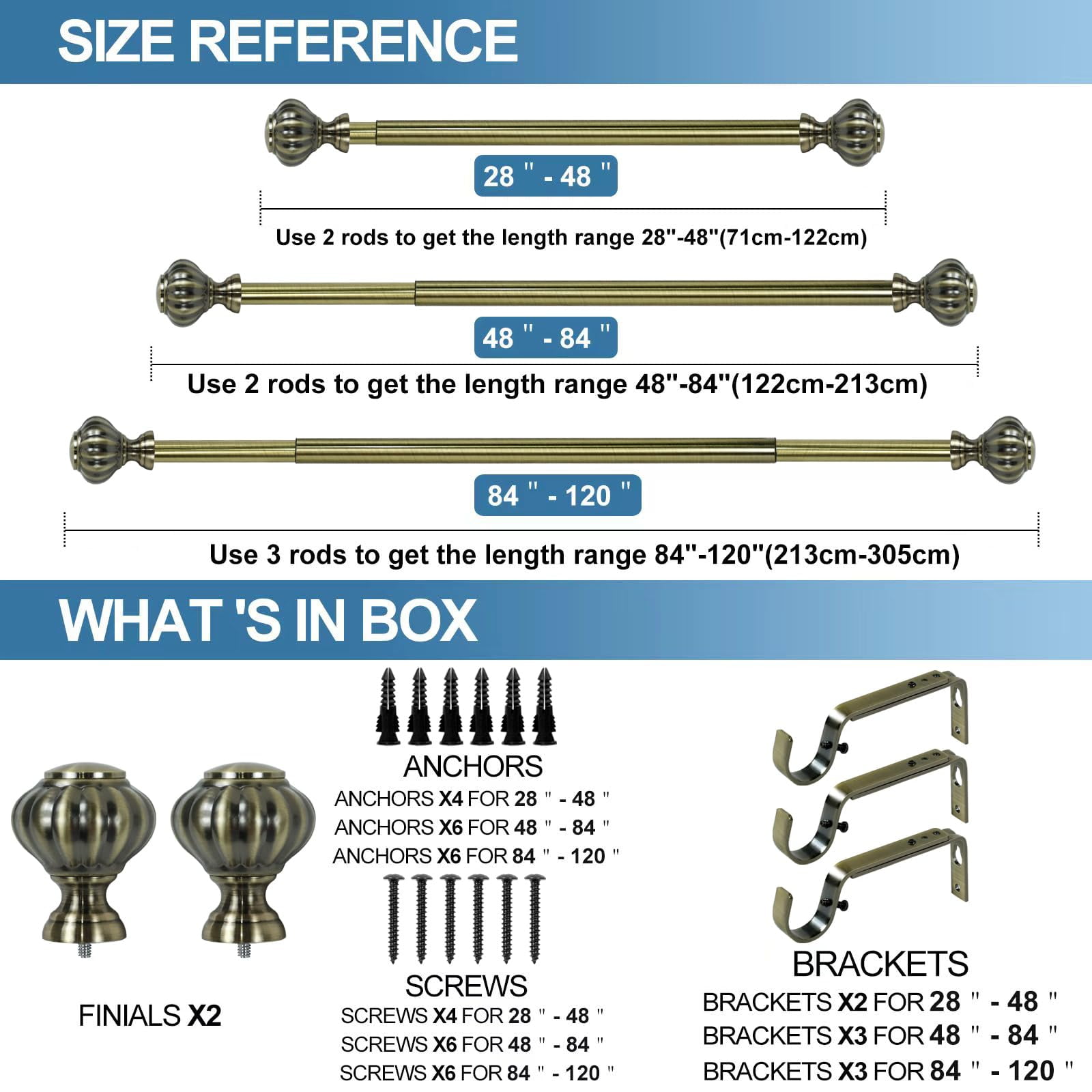 Urbanest 1-inch Diameter Doorknob Adjustable Single Drapery Curtain Rod, 48-inch to 84-inch, Antique Brass 48"-84" Antique Brass