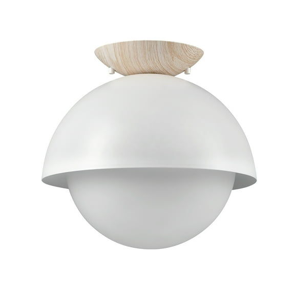 Globe Electric Matte White Indoor 1-Light Flush Mount with Faux Wood Accent and Frosted Glass Shade