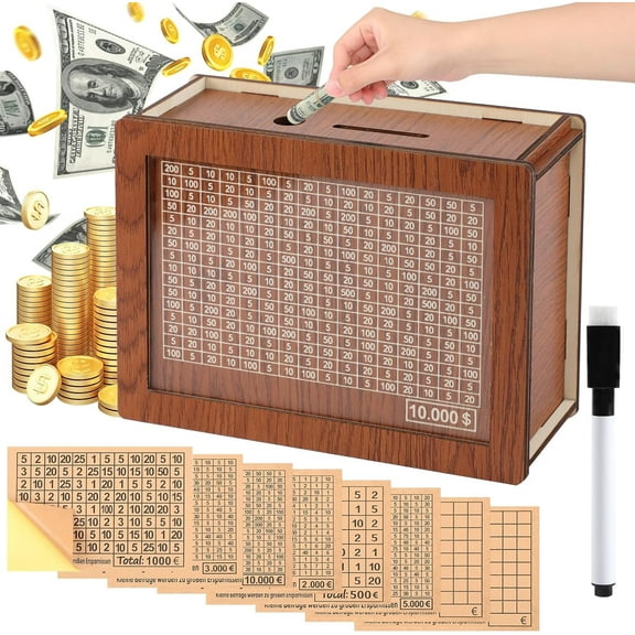 Wooden Money Saving Box with Target and Numbers, Including 1 Mark Pen and 8 Kraft Paper, Portable Savings Challenges Money Box with Counter