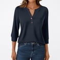 thumbnail image 2 of Xyxonk 3/4 Length Sleeve Womens Tops Dressy Casual V Neck Henley Shirts Loose Fit Solid Color Blouses Fall Fashion Outfits Navy S, 2 of 7