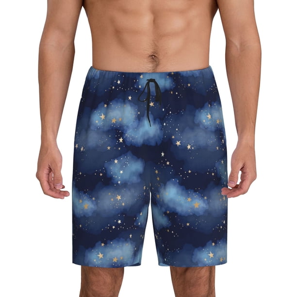 Balery Starry Sky Pantalones cortos de pijama de punto de algodón para hombre con cinturilla y bolsillos-Small