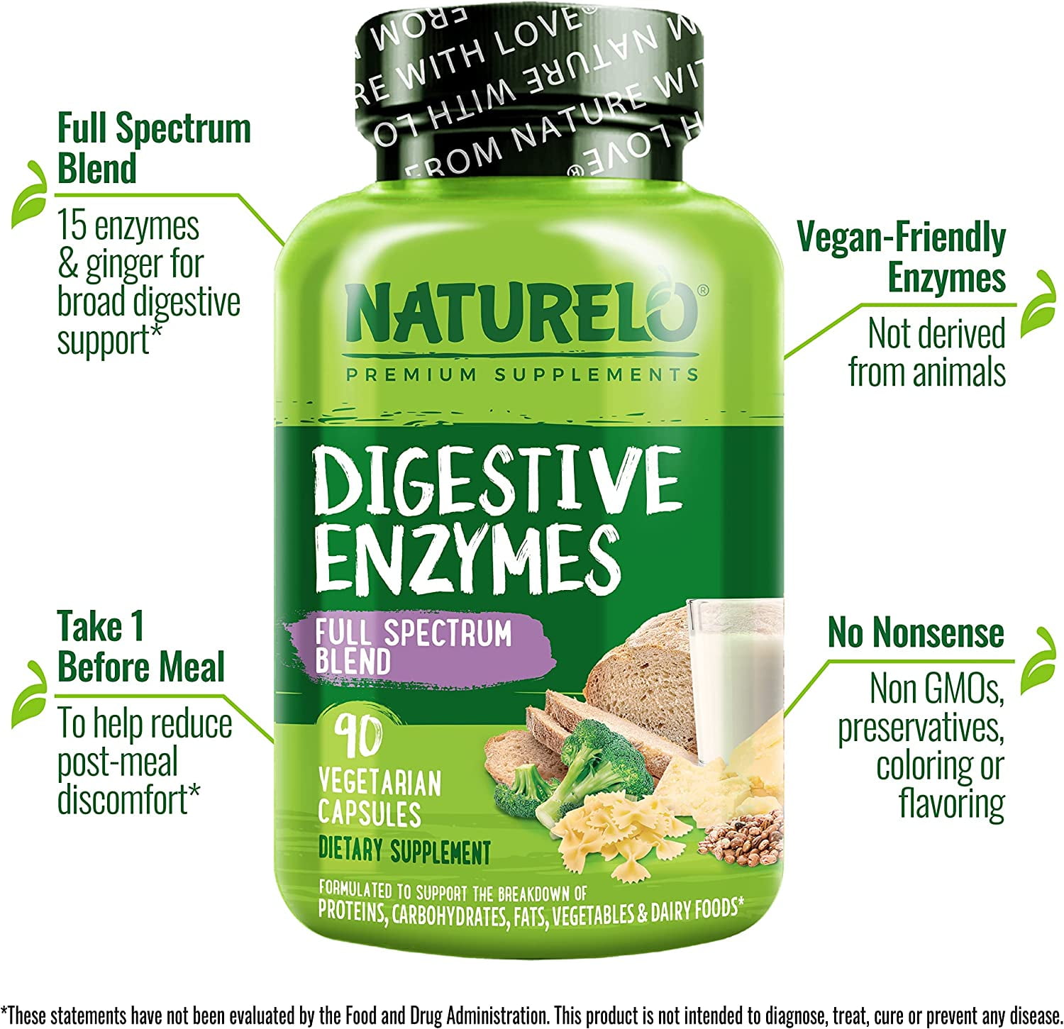 NATURELO Digestive Enzymes - Full Spectrum Support with a Broad Blend of 15 Enzymes Plus Ginger - 90 Vegan Capsules
