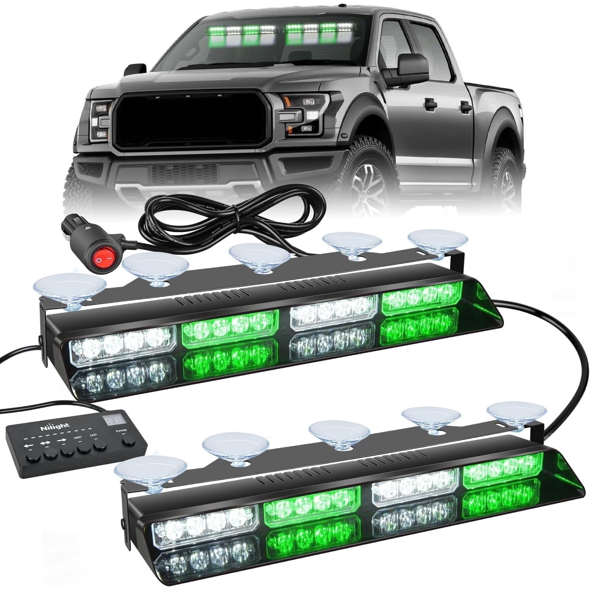 Nilight 32Led Green White Emergency Dash Strobe Lights with Controller Suction Cups Warning Hazard Interior Front/Rear Windshield Deck Split Light Bar