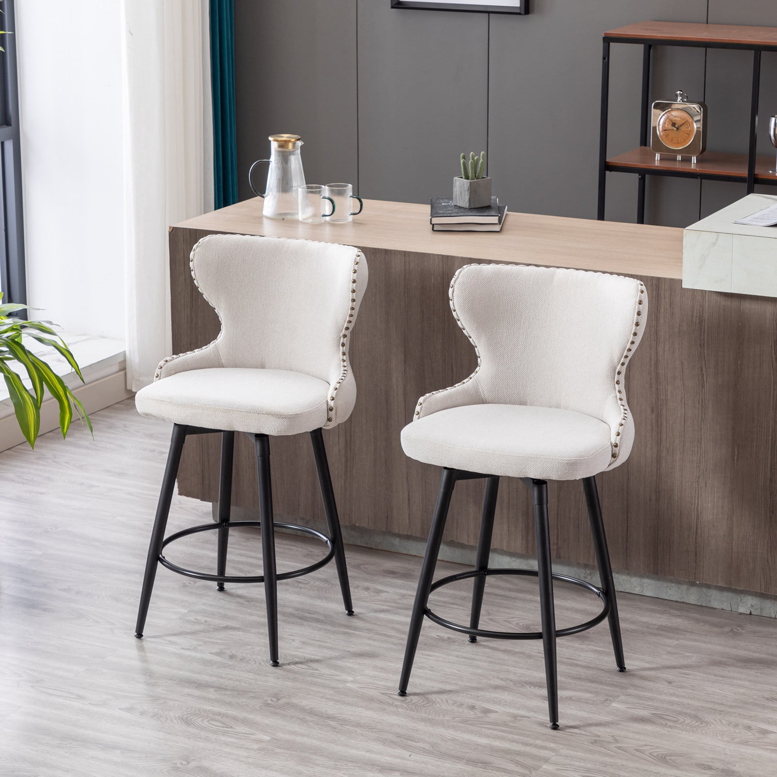 PORKISS Bar Stools Set of 2, 180° Swivel Bar Stool Chair, Modern Linen Bar Chairs for Home and Kitchen Counter, Beige