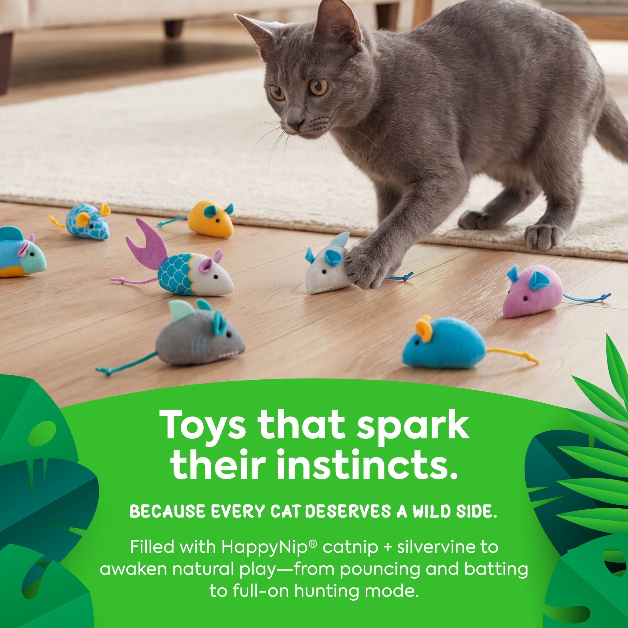 Instincts by SmartyKat Sea Life Skitters Catnip and Silvervine Cat Toys, Set of 10, Small Plush Mice with String Tails