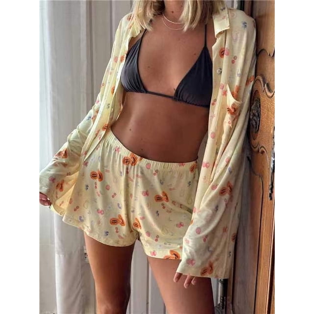 Pijama estampado de manga larga europeo y americano, pantalones cortos holgados de manga larga divididos, traje para el hogar para mujeres