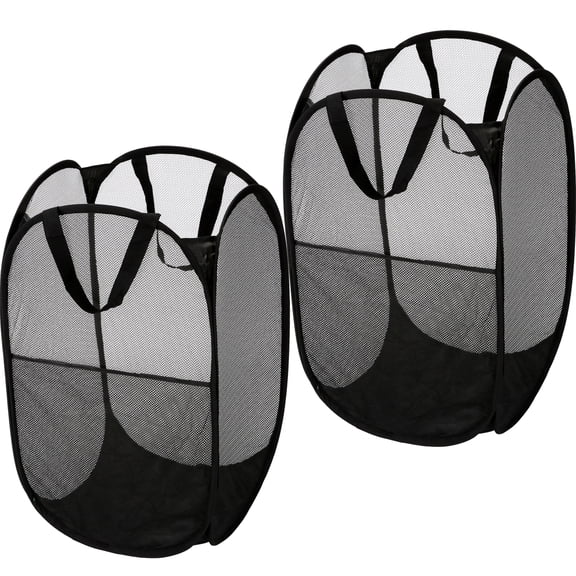 Sea Team 2-Pack Collapsible Pop-Up Laundry Hamper Set - Foldable Mesh Storage Basket with Sturdy Support for Bathroom, College Dorm, Home, Black