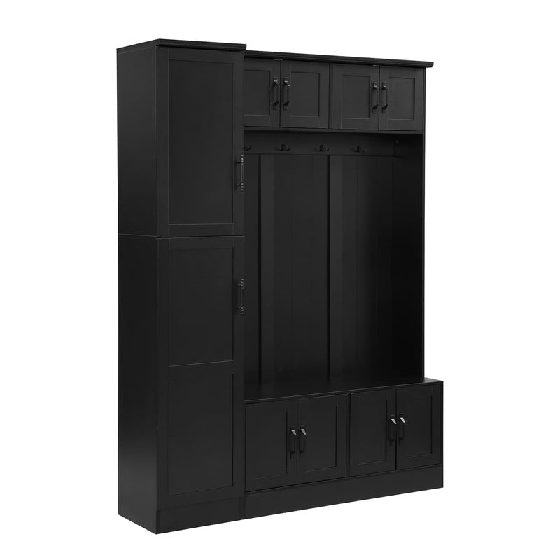 Farmhouse Hall Tree with Storage Cabinets, 79'' H Coat Rack with 4 Hooks and Adjustable Shelf, Entryway Bench with Shoe Storage for Hallway, Living Room