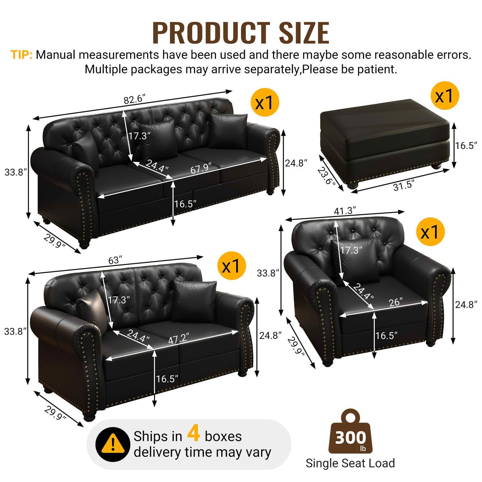 MAYEERTY Mid‑Century Modern Chesterfield Sofa Set, Faux Leather Upholstered 1+2+3 Seater Combination Couch with Button Tufted, Nailhead Trim & Rolled Armrests, Includes 6 Pillows