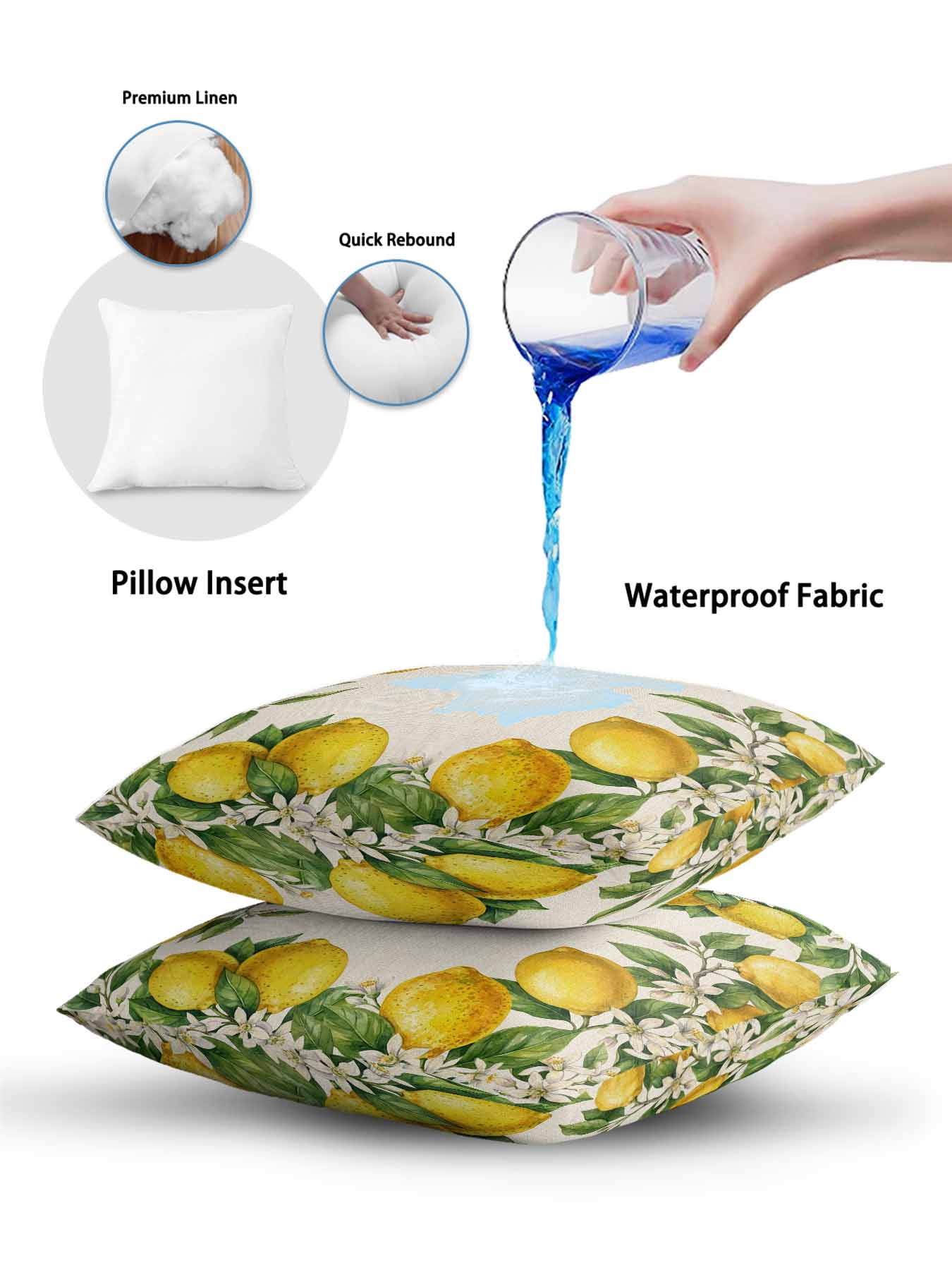 1 Pack Outdoor Pillows Waterproof, Summer Lemons Indoor/Outdoor Throw Pillows with Inserts, Fruits White Flowers Vintage Rustic Decorative Pillow for Patio Furniture Chairs Couch