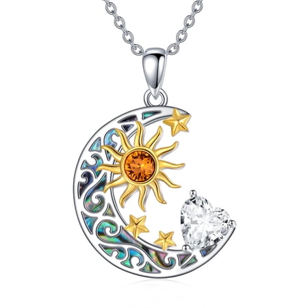 Sun and Moon Necklace for Women Sterling Silver Crescent Moon and Star Necklace with Simulated April Birthstone Abalone Shell Moon Sun Jewelry Birthday Gift for Mom Daughter