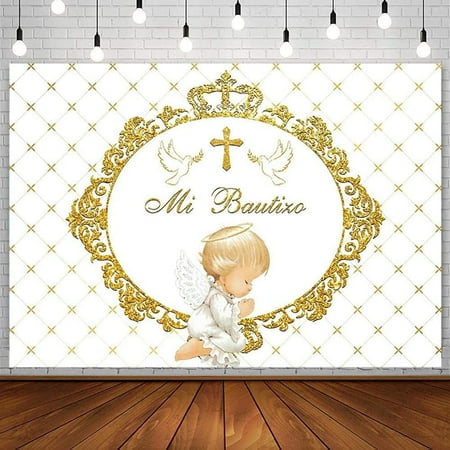 Mi Bautizo Backdrop Baptism Christening God Bless First Holy Communion Photography Background Little Angel Gold Cross Peace Dove Party Decorations Banner Newborn Baby Shower Photo Props