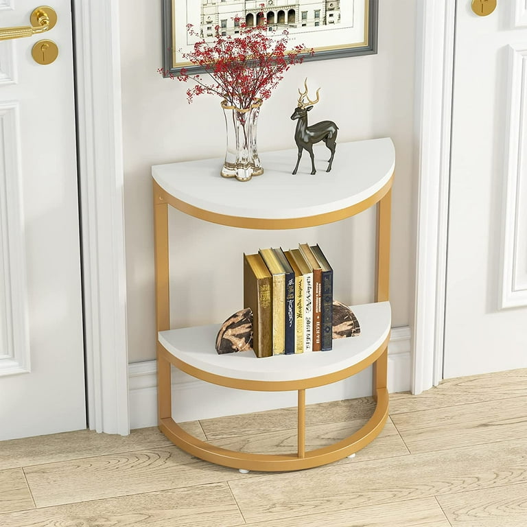 Tribesigns 2 Tier End Table Semi Circle Small Half Round Side Tables Living Room with Storage Shelf Wood Accent Table Slim C Table for Sofa Couch Living Room Bedroom Small Space White and Gold