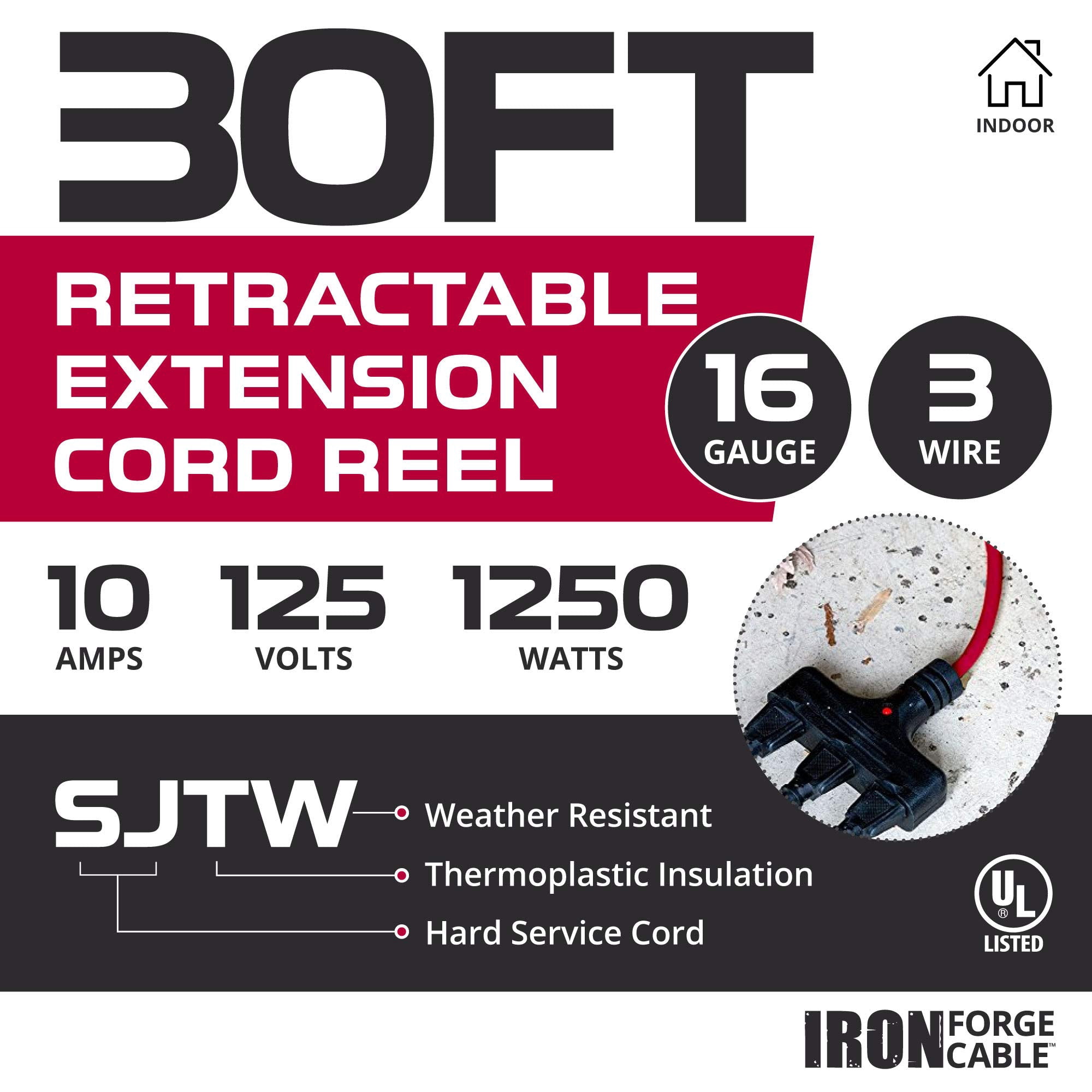 IRON FORGE CABLE 30Ft Retractable Extension Cord Reel with Breaker Switch & 3 Electrical Power Outlets - 16/3 SJTW Durable Red Cable - Perfect for Hanging from Your Garage Ceiling
