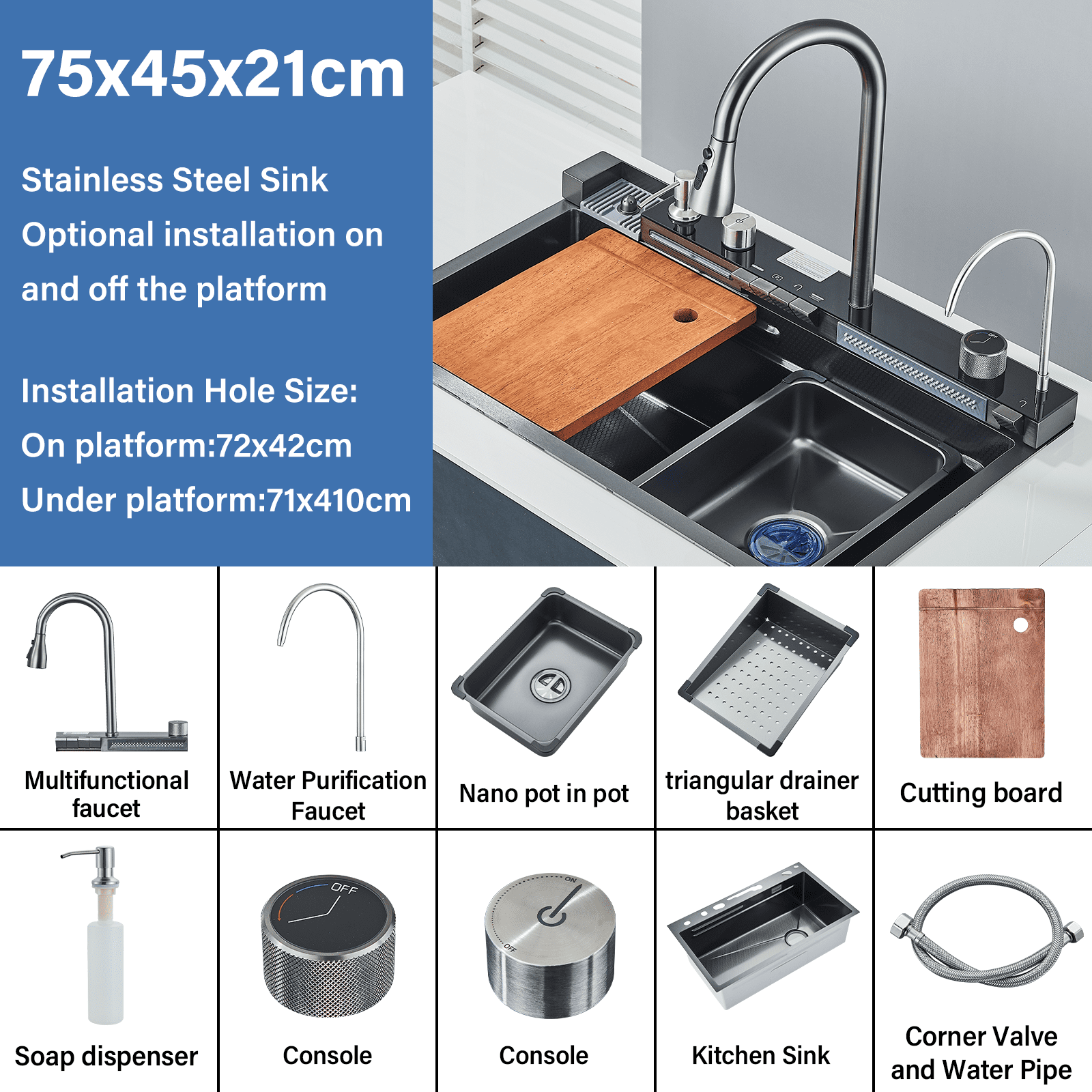 Kitchen Sink 304 Stainless Steel Single Bowl Kitchen Sinks, Digital Display Waterfall Sink, With Pull Down Sprayhead Faucet, With Pressurized Cup Washer and Two Waterfalls