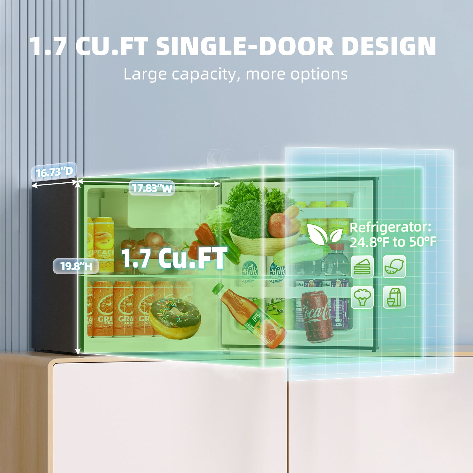 Frestec 1.7 Cu Ft Single Door Mini Refrigerator, Compact Fridge for Bedroom, Dorm, Office, Stainless Steel