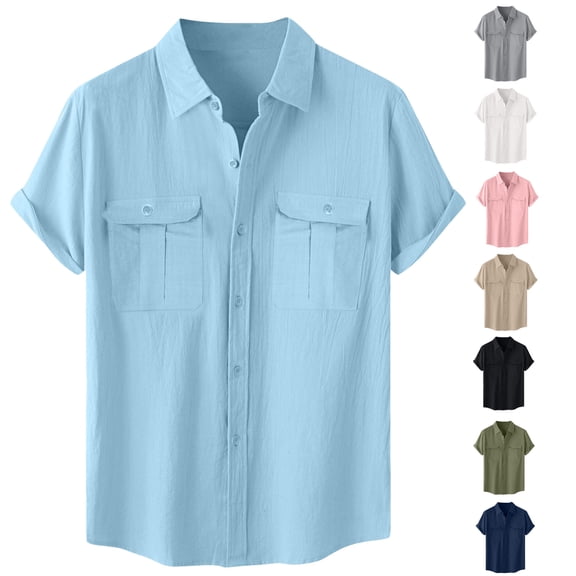 Dgankt Shirts for Men Spring Summer Cotton Linen Solid Turndown Collar Short Sleeve Casual Shirt,Sizes M-5XL