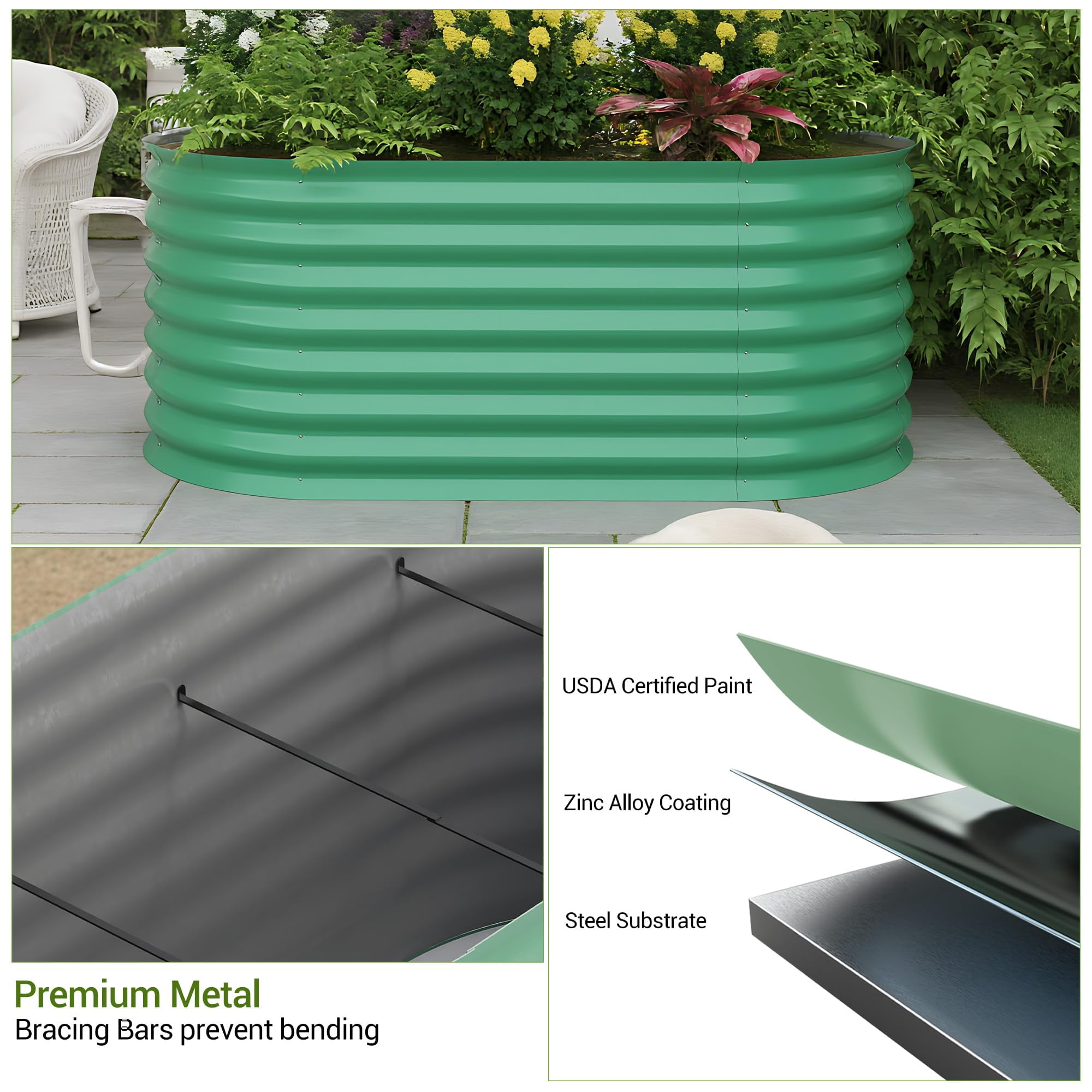 Heavy Duty Galvanized Raised Garden Bed, 8x4x2ft Green Rust-Resistant Metal Planter Box for Flowers Herbs Vegetables for Gardening