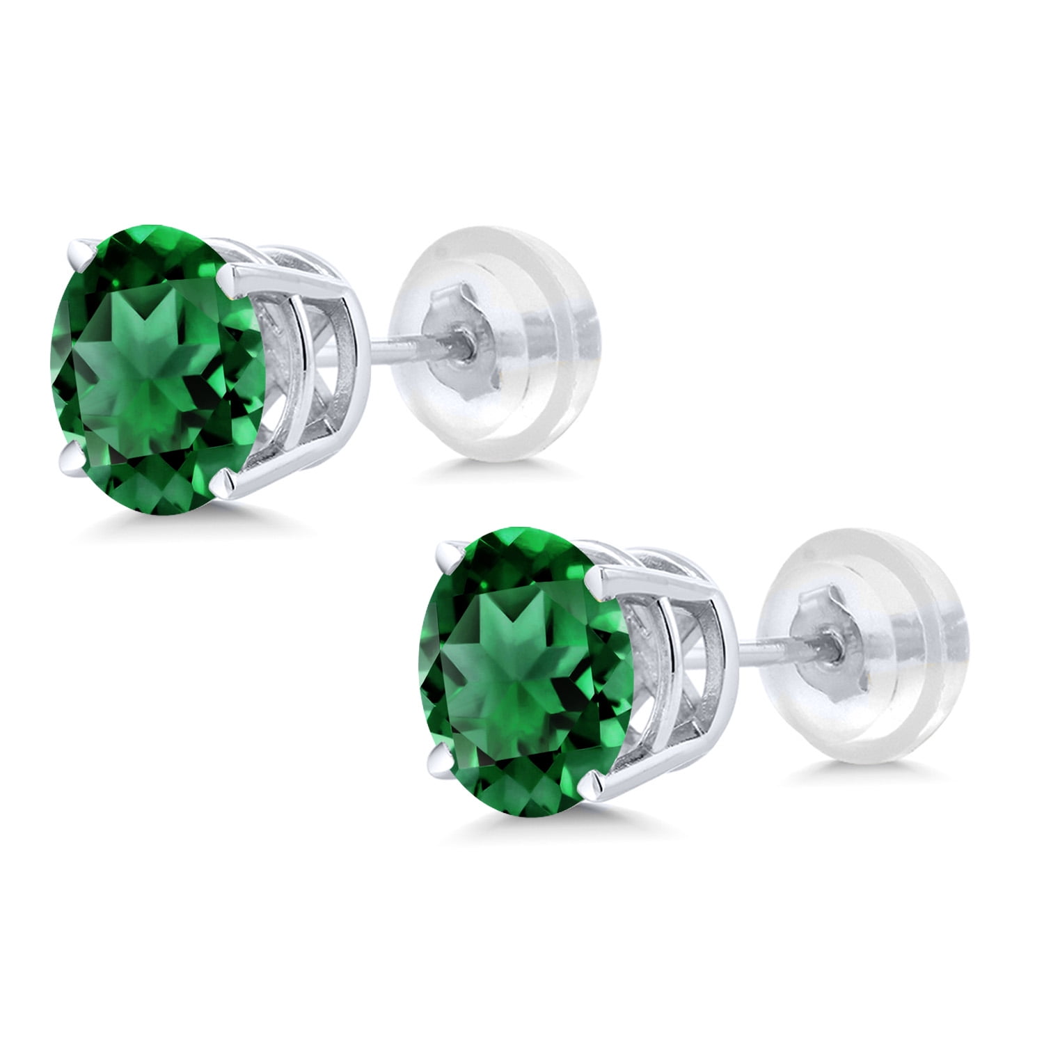 Gem Stone King 0.80 Ct Round 4.5mm Green Simulated Emerald 14K White Gold Stud Earrings for Women Men
