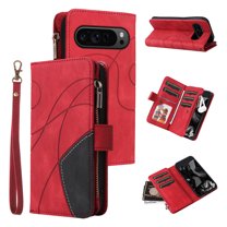Multifunctional Case for Google Pixel 9 / 9 Pro,[RFID Blocking] 9 Credit Cards Holder with Wrist Strap, Premium PU Leather Zipper Wallet Purse Magnetic Flip Phone Cover,Red