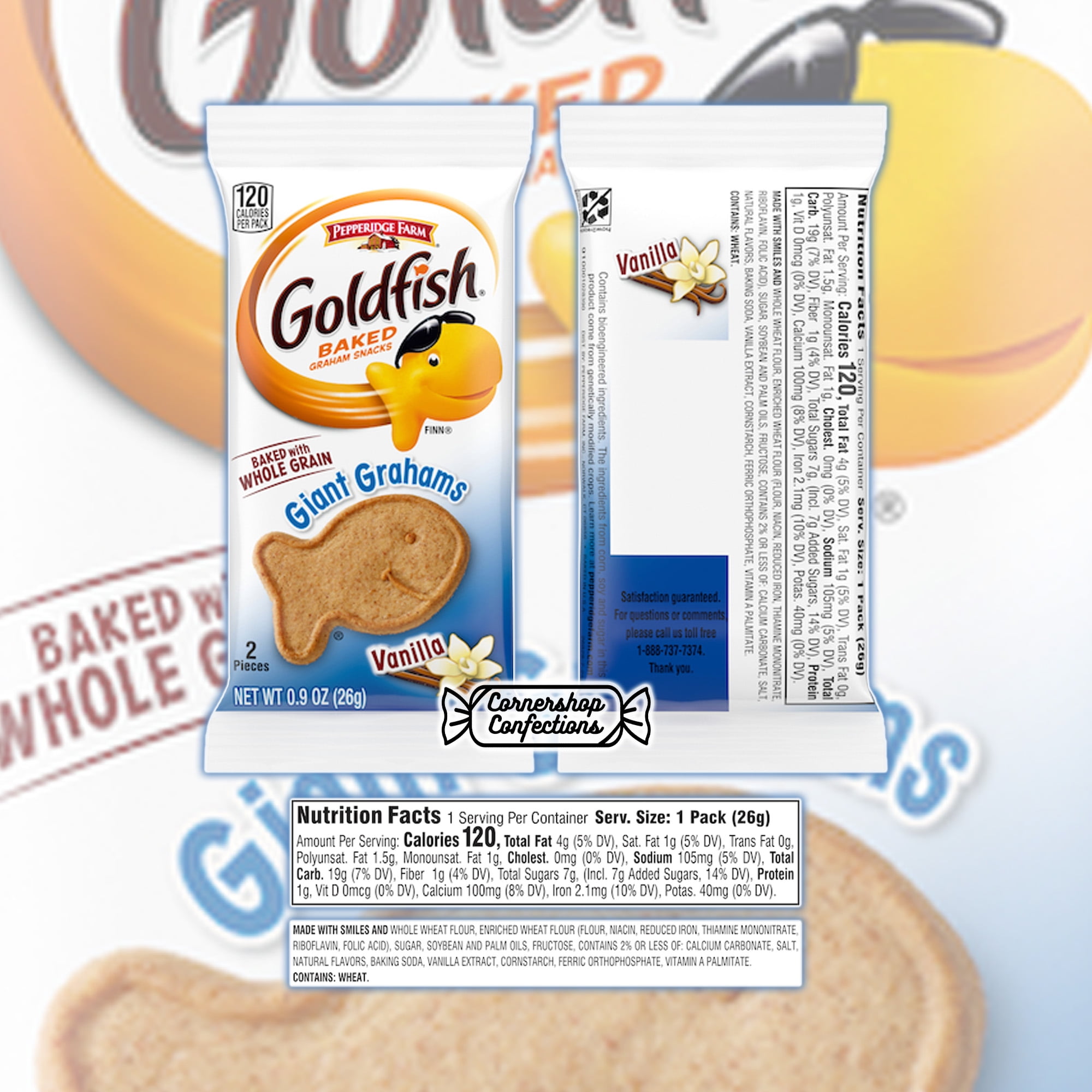 Goldfish Giant Grahams Vanilla Flavor 60 Cracker Bulk Pack - 30 Individually Sealed Portion Packs of 2 Graham Crackers Each - Whole Grain, Baked Graham Crackers - In Cornershop Confections Pack