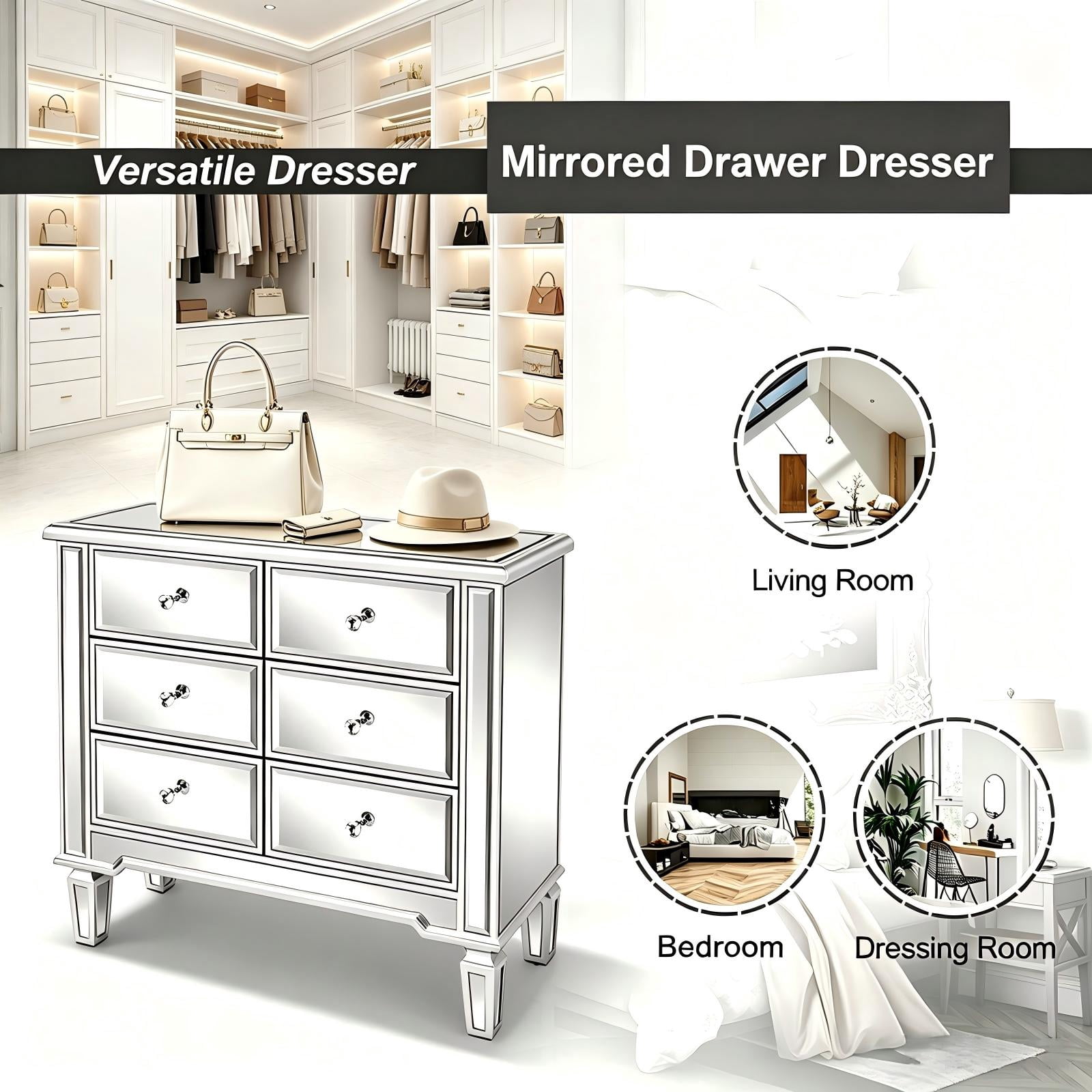 6-Drawer Mirrored Drawer Cabinet, MDF Storage Dresser with Mirror-Finish Drawer Fronts, Narrow Accent Chest for Bedroom, Dressing Room, Hallway or Vanity Area