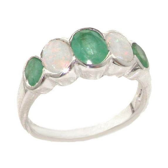 LBG British Made Classic Solid 14k White Gold Natural Emerald & Opal Womens Band Ring - 33 size options - Size 5.25