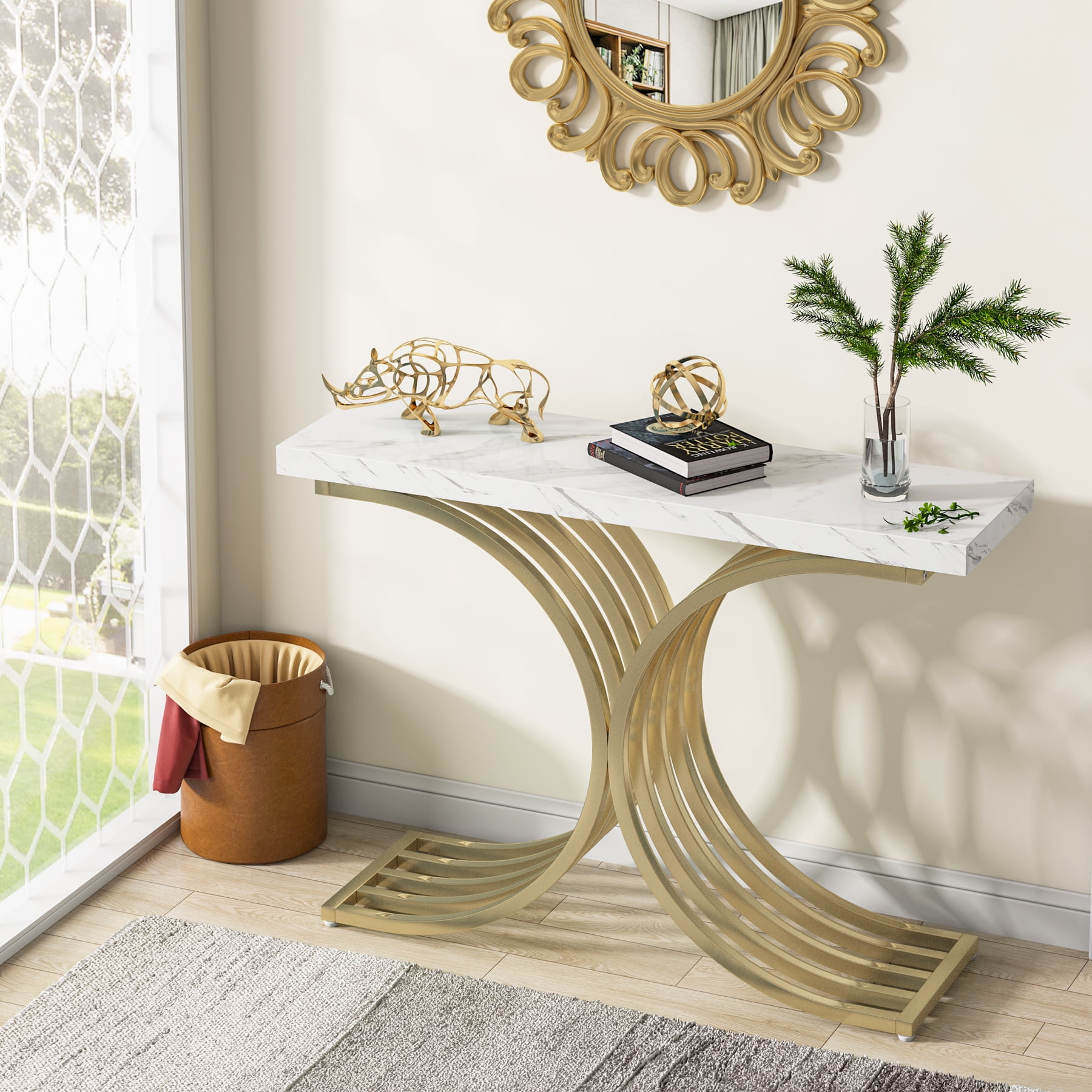XBase Gold and White Console Table, Narrow Sofa Accent Table with Faux Marble Top for entrance