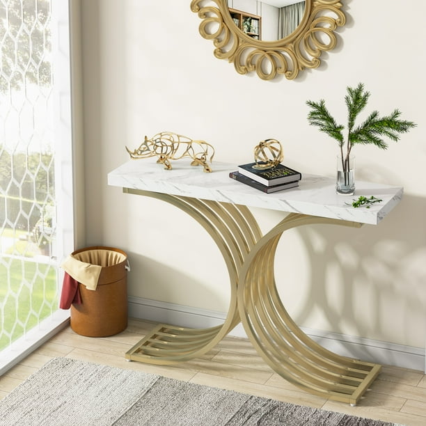 XBase Gold and White Console Table, Narrow Sofa Accent Table with Faux Marble Top for entrance