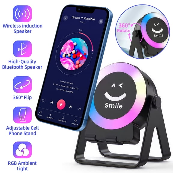 4-in-1 Wireless Induction Speaker Phone Stand - Bluetooth 5.3 Stereo Sound, 7-Color RGB Ambient Light, Non-Slip Holder for iPhone/Android Phones, iPads & Tablets (4-13 Inches)