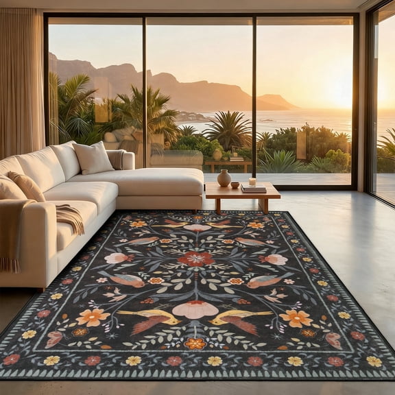 Kzaei 8'x10' Area Rug for Living Room, Vintage Boho Soft Low-Pile Living Room Rugs, Stain Resistant Botanical Non-Slip Carpet for Girls Bedroom