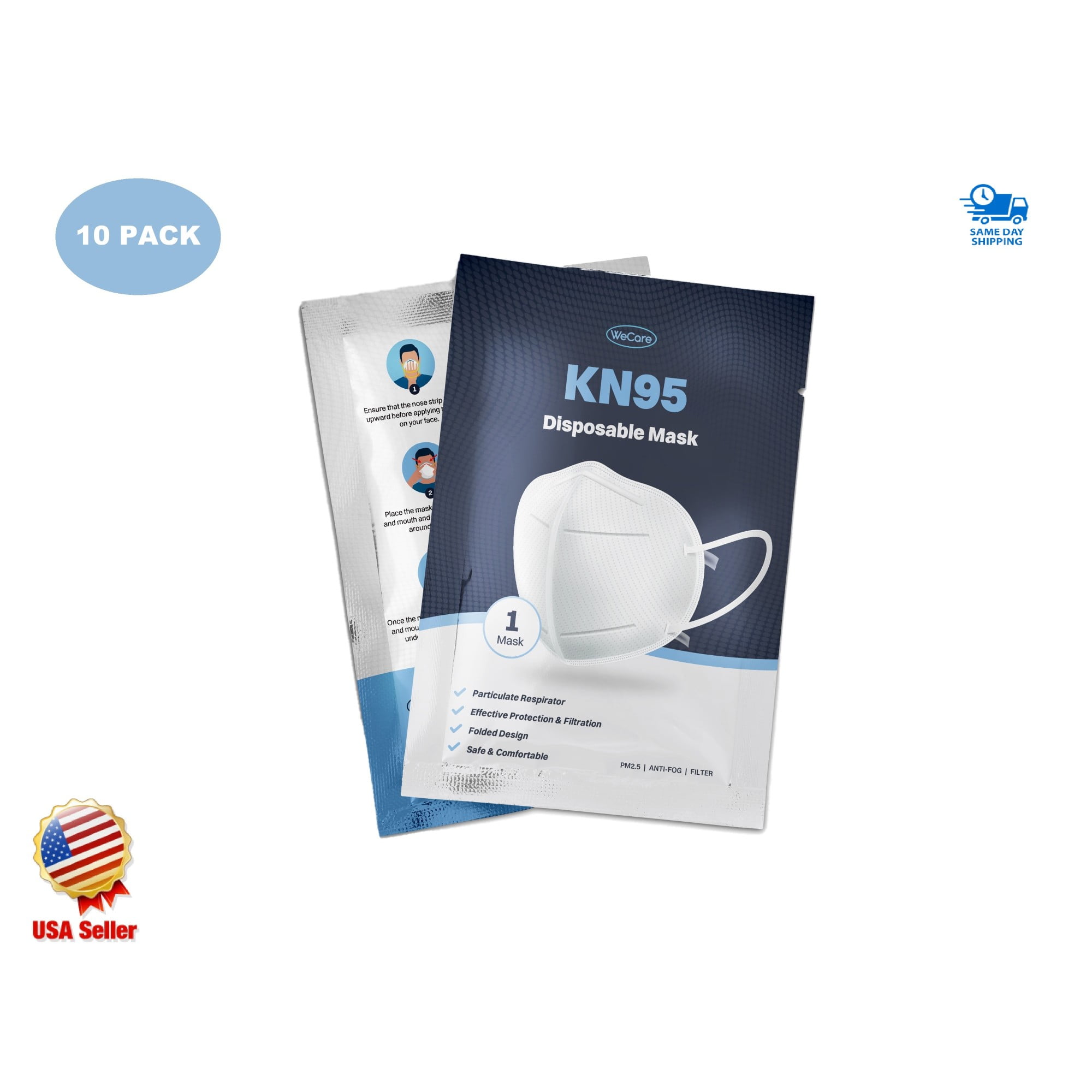 WeCare KN95 (95% Filtration) Protective Disposable Face Masks, White - 10 Pack (each sealed)