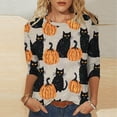 thumbnail image 2 of LYEAA Halloween 3/4 Sleeve T Shirts for Women Crew Neck Regular Straight Cuff Casual Wear Cat Holiday Clothes Orange 2XL, 2 of 5