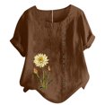 thumbnail image 2 of ICHUANYI Clearance Women's Short Sleeved Casual Plus Size Round Neck Flower Printed Loose Button Cotton Linen Top(Coffee, XXL) ICHUANYI WER2023080814115, 2 of 5