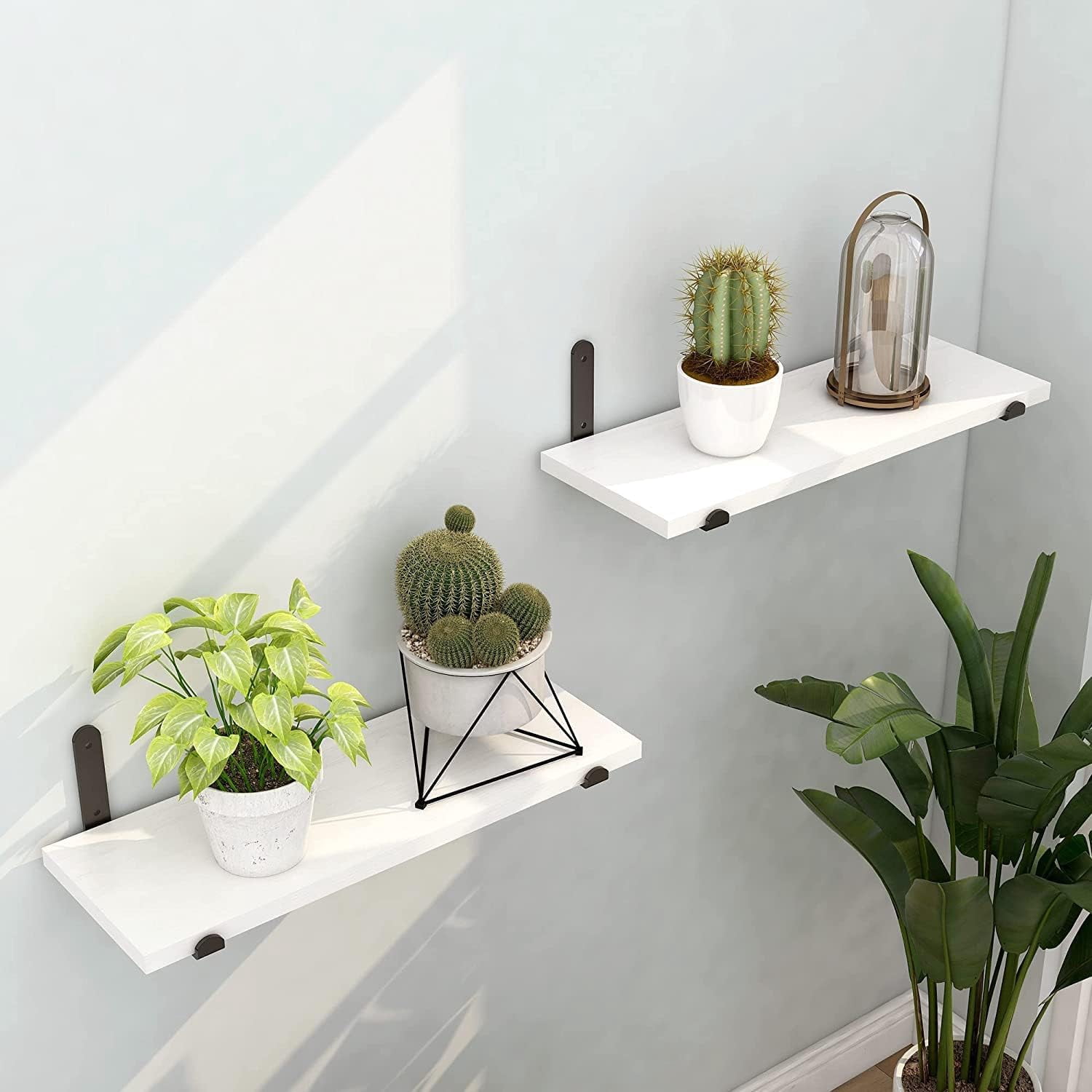 Afuly White Floating Shelves for Wall Hanging Shelves over Toilet Set of 2, 16in Wooden Decorative Shelves Wall Mounted with Black Brackets for Bathroom Bedroom Living Room