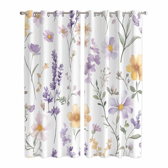 Purple Yellow Flowers Kitchen Curtains 96 Inch Length, Spring Pastoral Botanical Floral Grommet Top Bedroom Living Room Curtains, Light Filtering Cafe Curtain Drapes 2 Panels Set 104''x96''