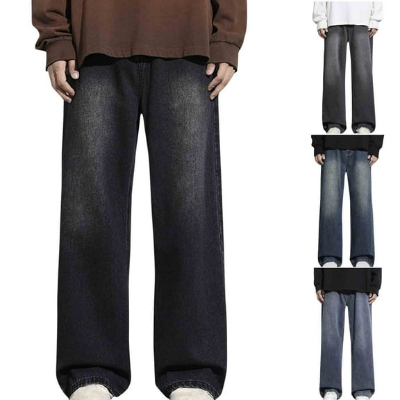 RYDCOT Men's Work Jeans Casual Hip Hop Solid Color Loose Fit Straight Leg Cotton Denim Pants with Pocket Gray
