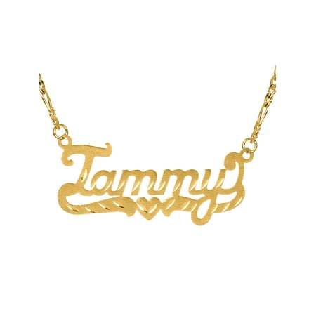 Personalized Sterling Silver, Gold Plated, 10k or 14k Diamond Cut Nameplate Necklace with an 18 inch Silver Plated Figaro