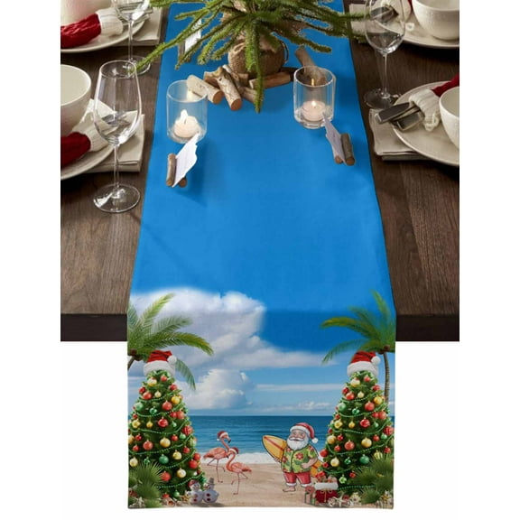 Christmas Table Runner Christmas Tree Table Runners Santa Claus Flamingo Blue Sky Beach Cotton Linen Dresser Scarf Kitchen Dining Table Decor for Christmas Holiday Party Decor 13x90 Inch