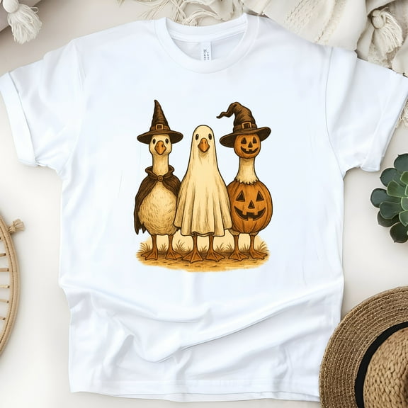 Funny Goose Halloween Shirt with Witch Hat, Ghost, and Pumpkin, White, Size S