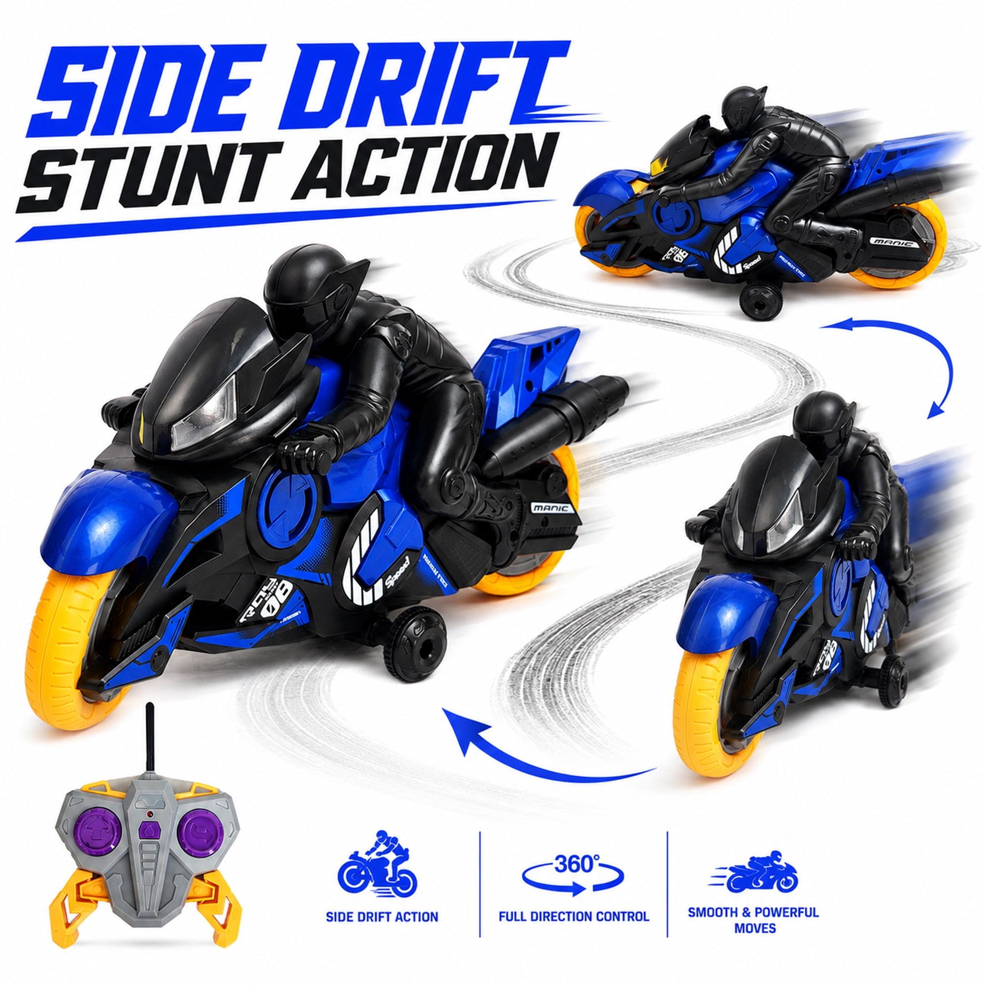 Stunt Motorcycle Toy with Remote Controller, 360° Spinning Motorbike with Side Drift Wheels, Indoor Racing Toy for Kids Ages 3+