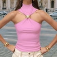 thumbnail image 4 of Women Halter Neck Pleated Twist Front Tank Tops Trendy Slim Fit Sleeveless Hollow Out Halter Top Clubwear Pink S, 4 of 9