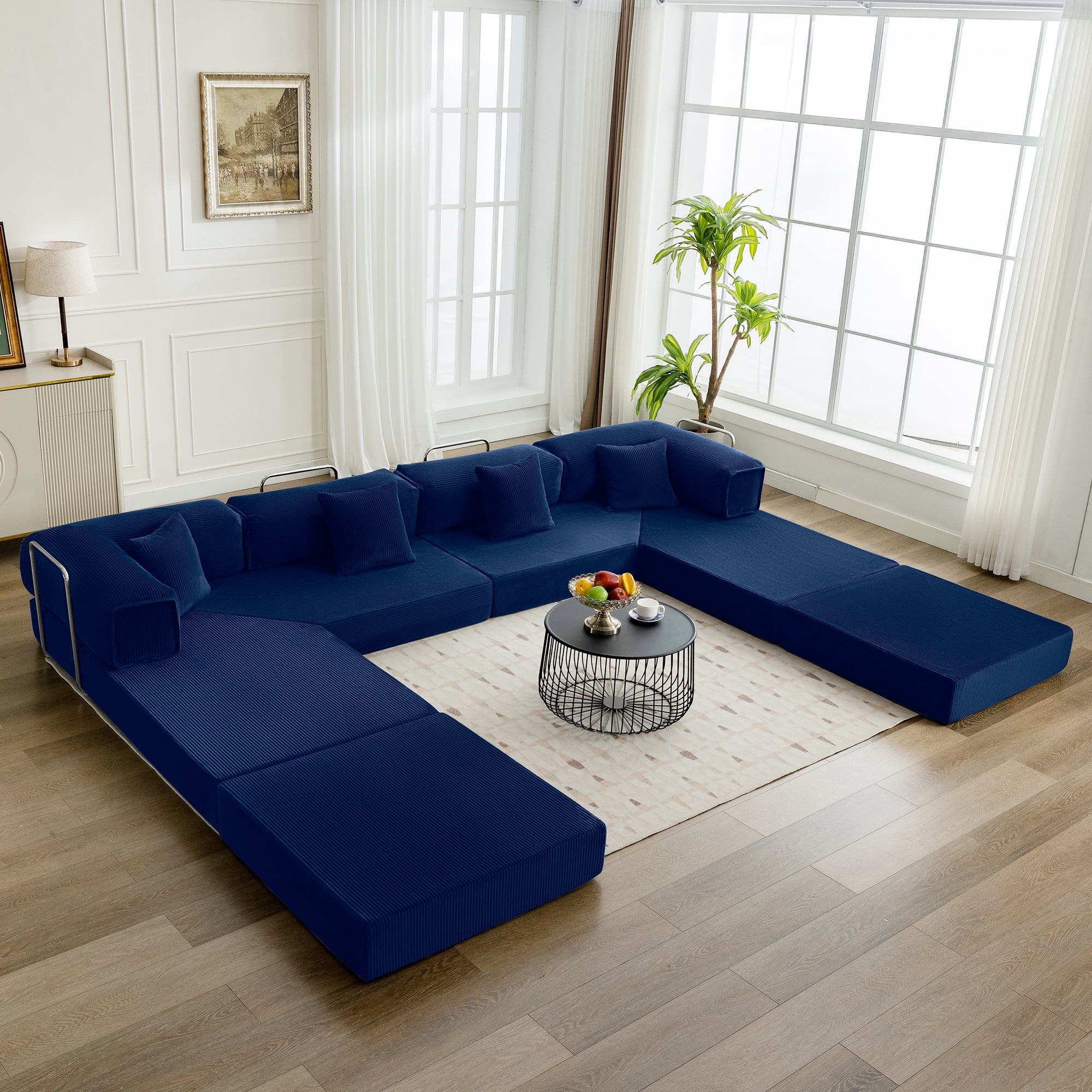 COOLHUT 106.3" W Combination Sofa, High Rebound Density Sponge Sofa Couch, Modular Sectional Sofa L-Shape Corduroy Couch with Chaise, Big Comfy Sleeper Floor Sofa for Living Room, Navy Blue