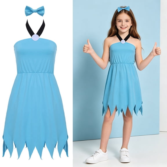 Ch'ildr'en Cavewoman Halloween Costume, Sleeveless Halter Jagged-Hem Dress with Bow Hair Clip, Prehistoric Cosplay Party Outfit for Pretend Play