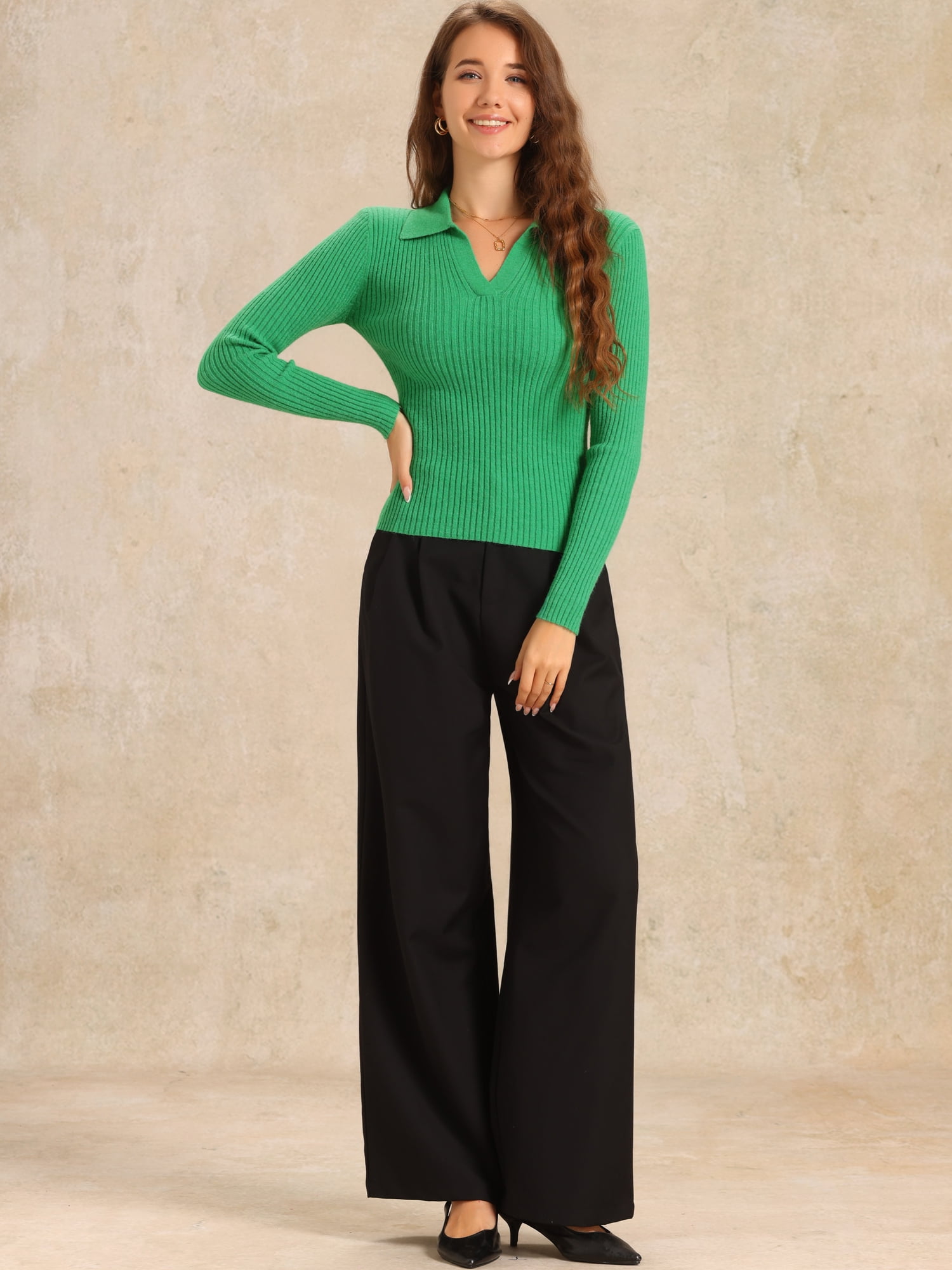DARING DIVA Women's Collared Ribbed Knit Long Sleeve  Blouse XS Green
