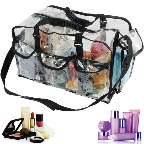 Clear PVC Makeup Bag Large Professional Makeup Artist Tote with Shoulder Strap and 4 External Pockets Large Clear Makeup Tote Bag Toiletry Bags