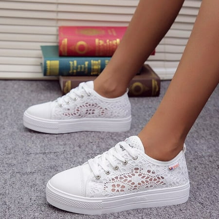 

Women Shoes 2021 Fashion Summer Casual White Shoes Cutouts Lace Canvas Hollow Breathable Platform Flat Shoes Woman Sneakers