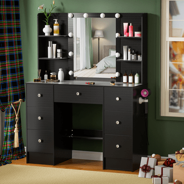 Caulitar Vanity Desk with Mirror and Lights, Makeup Vanity with 7 Drawers and Shelves，Crystal Handle，Black