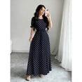 thumbnail image 4 of Multicolor Navy Blue Polka Dot Print Dress, Womens Round Neck Short Puff Sleeve Belted Maxi Dress, 4 of 7