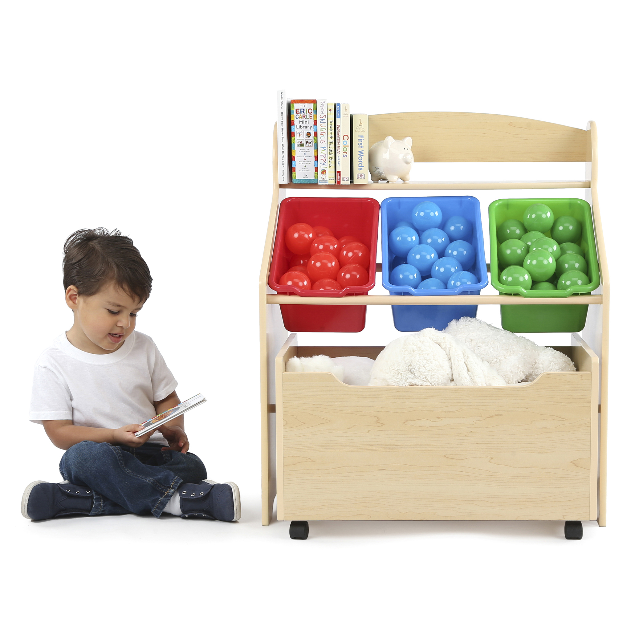Humble Crew 3-in-1 Toddler-Size Storage Organizer with Rolling Toy Box, Plastic Bins, Natural/Primary